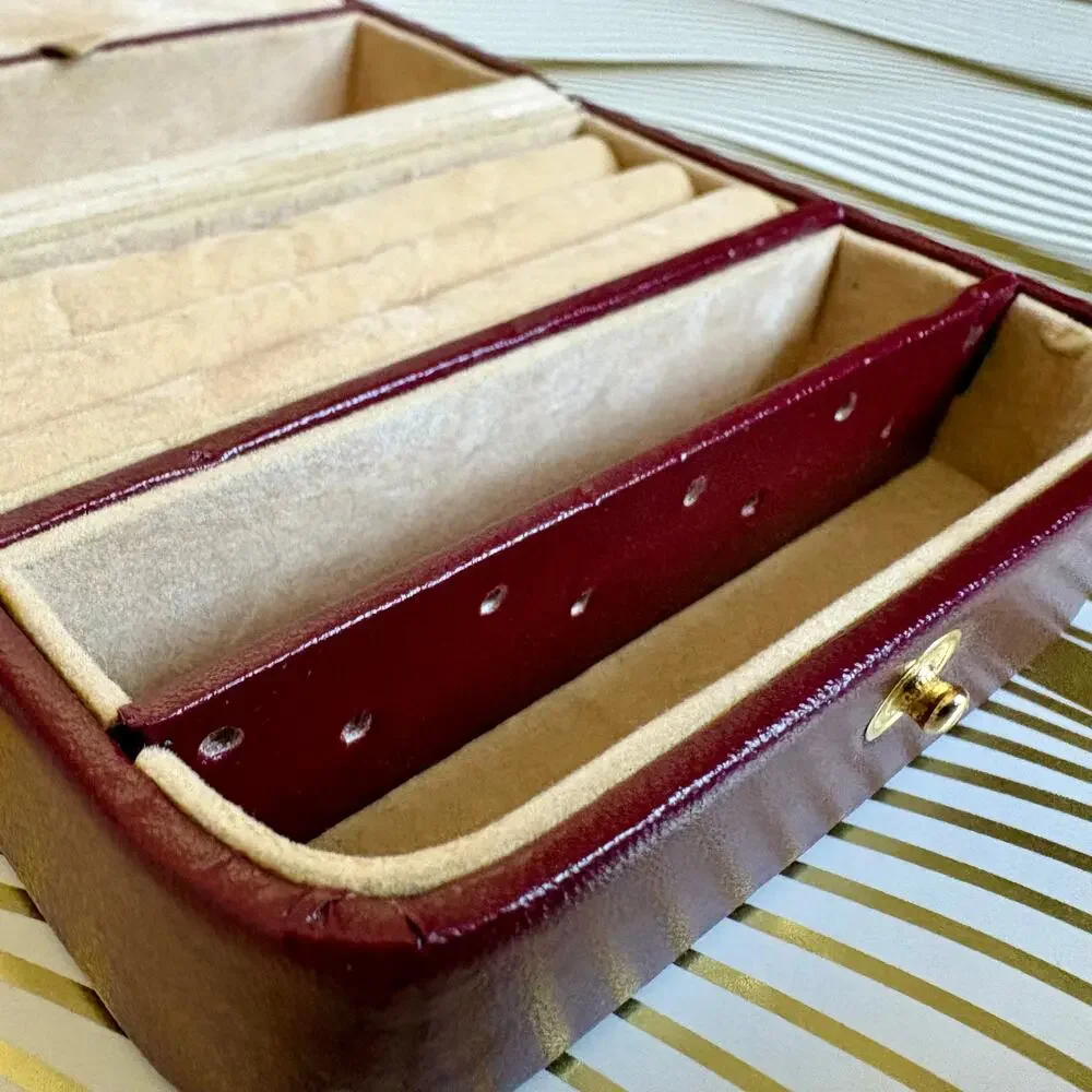 Vintage Burgundy Travel Jewelry Case Ring Roll Faux Leather Box